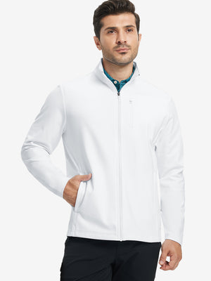 Model wearing white lightweight casual fleece jacket with 5 pockets, hand in pocket, tennis bag