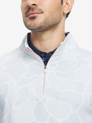 Upper front detail of Full print lightweight quarter zip pullover showing grey irregular shape accents