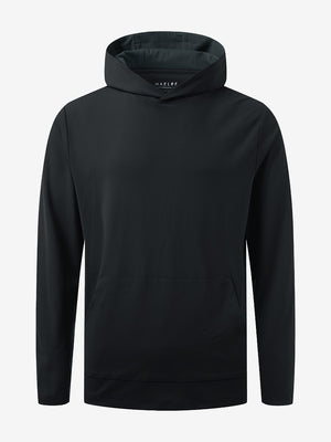 3D front view of the dry fit stretchy sweatshirts hoodie in black, sleek and flexible design.