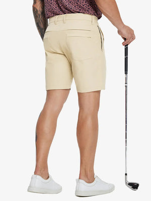 Back lower-body view of model in LIGHT KHAKI Water Resistant Versatile 8 Pockets Shorts.