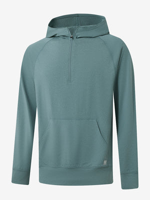 3D front view of the Quarter Zip Hoodie with Kangaroo Pocket in Aqua Heather, athletic casual style.