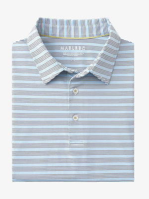 Folded Navy Blue Stripe Performance Stripe Golf Shirt displayed flat