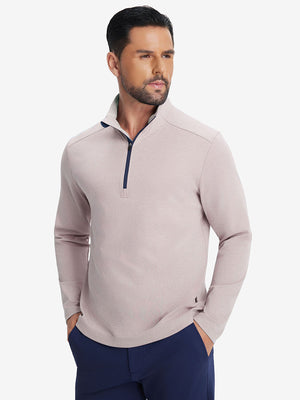 Front upper body shot of model in khaki two tone pique cotton blend q-zip