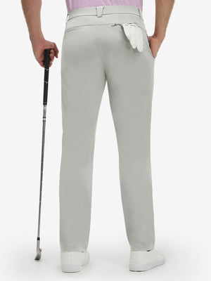 Back lower body shot of model wearing silver gray breathable casual slacks with 4 pockets