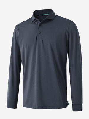 Front 3D view of Long sleeve pinstripe jersey polo in black stripe with sharp stripe pattern