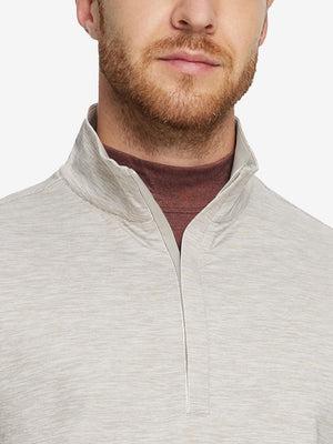 Heather Pinstripe Brushed Dry Fit Quarter Zip Pullover in taupe heather, front chest detail showing brushed fabric and pinstripe texture