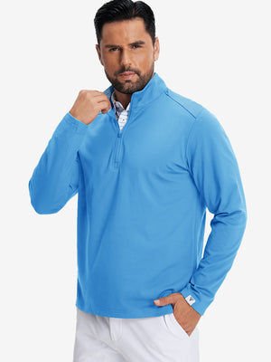 Model front upper body wearing Fleece lined golf quarter zip with sleek sky blue look
