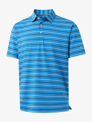 Front 3D view of trendy boys stripe polo shirts, clean structure and modern classic blue stripe look