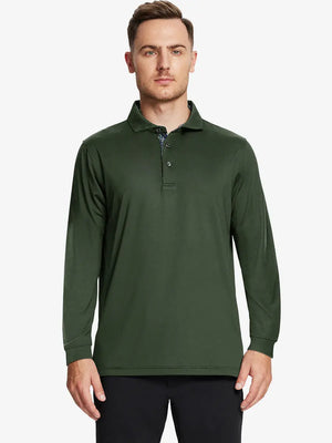 Front half-body view of model wearing OLIVE GREEN Long Sleeve Solid Jersey Polo