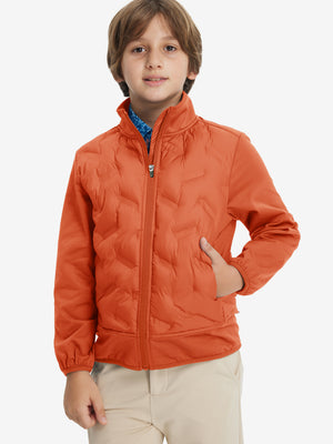 Boys windproof puffer jacket with pockets in orange, model front upper-body with one hand in pocket.