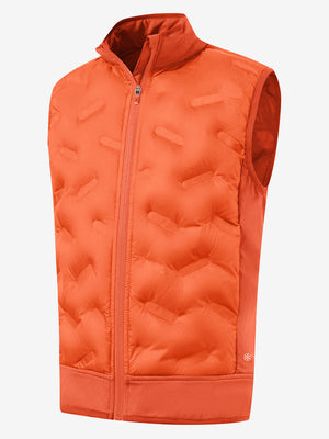 Boys full-zip fleece-lined puffer vest in orange, front 3D view highlighting clean structure and fabric