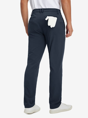 Back view of soft lightweight casual golf pants with 5 pockets, clean fit and structure in navy.