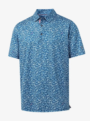 3D view of MAELREG Performance Jersey Print Polo in Blue White Butterfly – breathable golf fabric