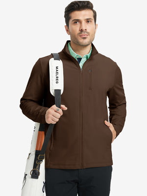 Model wearing coffee brown lightweight casual fleece jacket with 5 pockets, hand in pocket, tennis bag