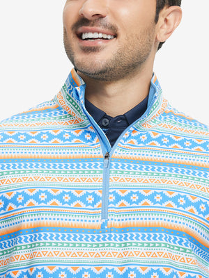 Upper front detail of Full print lightweight quarter zip pullover showing blue ethnic accents