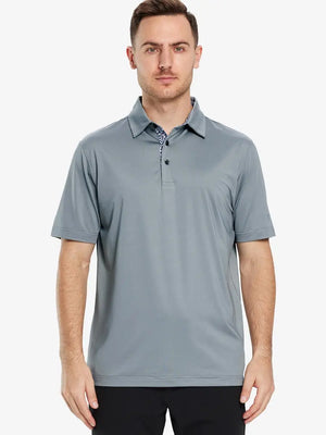 Front half-body view of male model in the Light Grey Everyday Classic Solid Polo, standing still