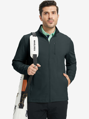 Model wearing dark grey lightweight casual fleece jacket with 5 pockets, hand in pocket, tennis bag