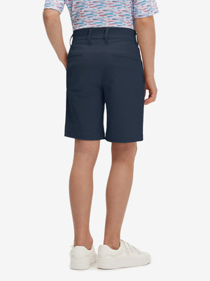 Back lower body in navy boys lightweight dry fit flat front golf shorts