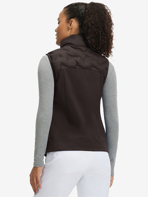 Back view of model in women's lightweight slim-fit puffer vest, showing shape and coffee brown tone