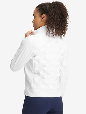Back upper-body view of women's lightweight fleece-lined puffer jacket on model in white.