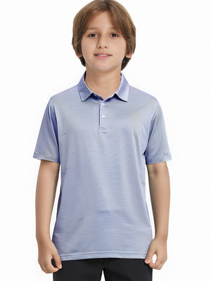 Front half-body shot of youth in bluishyellow stripe performance cooling polo, highlighting design and fit