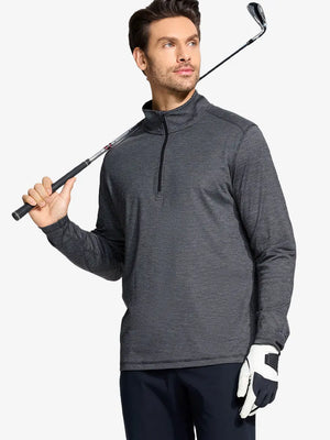Half-body front view of model holding golf club in Pinstripe Quarter Zip Pullover – BLACK GREY MELANGE
