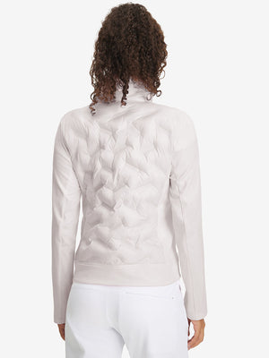 Back upper-body view of women's lightweight fleece-lined puffer jacket on model in oyster gray.