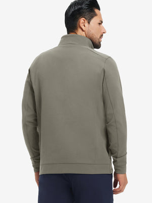 Back upper-body view of water-resistant zip up golf jacket on model, shown in dark khaki.