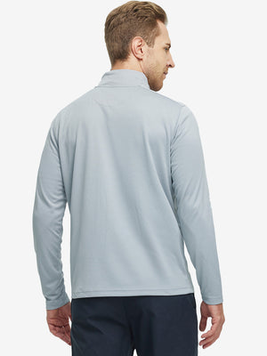 Back waist-up shot of model wearing lunar rock melange moisture wicking quarter zip pullover