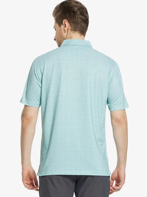 Back view of MAELREG Men's Performance Jersey Print Polo in Green White Fish – athletic fit