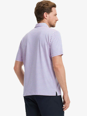 Back half-body look of model wearing LIGHT PINK/COBALT STRIPE striped polo