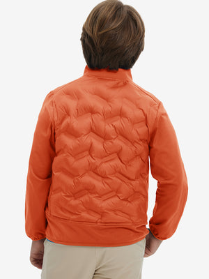 Back upper-body view of boys windproof puffer jacket with pockets on model, shown in orange.
