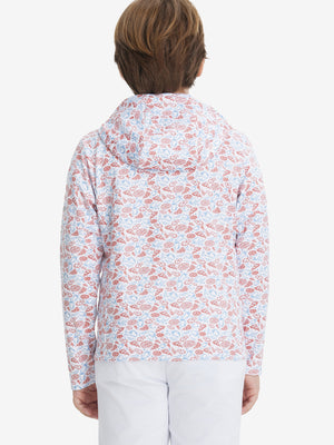 Back upper body view of model wearing youth full print stylish hoodies pullover, white pizza.