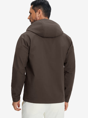 Back upper-body view of reflective hooded softshell jacket on model, shown in coffee brown.