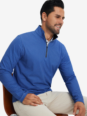 Model front upper body wearing Full print lightweight quarter zip pullover in sleek cobalt wave