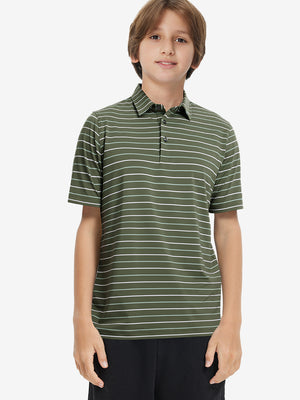 Front upper body of model wearing kids stylish stripe polo shirts, playful stripes with olive green stripe detail