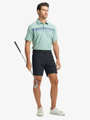 BLACK 4-way Stretch Performance Solid Shorts, golfer full-body front with club, 7 Inch length