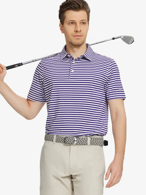 Front half-body golf pose wearing Purple White Yarn Dyed Stripe Polo