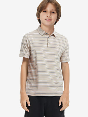 Front upper body of model wearing kids stylish stripe polo shirts, playful stripes with light khaki stripe detail