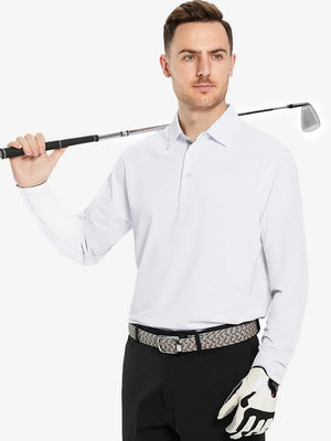 Model showcasing the white long sleeve pique polo, holding a golf club, emphasizing its clean design and modern fit