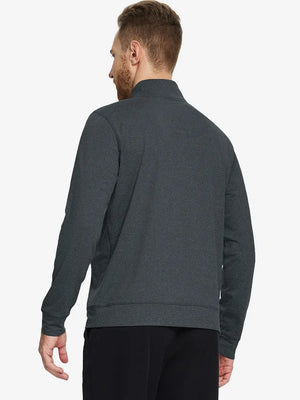 Full-body front view of model wearing DARK GREY HEATHER Quarter Zip Melange Pullover with backpack, sporty casual look.