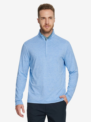 Men wearing Heather Pinstripe Brushed Dry Fit Quarter Zip Pullover in sky blue heather, front half body fit view