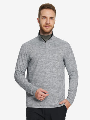 Men wearing Heather Pinstripe Brushed Dry Fit Quarter Zip Pullover in black heather, front half body fit view