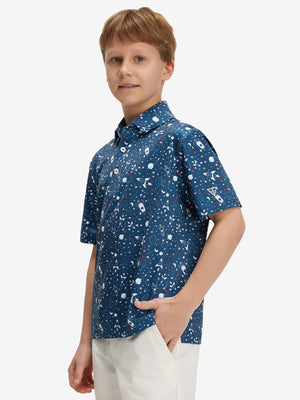 Front half-body of boy in space rocket performance print boys golf polo
