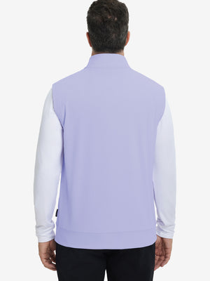 Back upper body view of the lavender print collar quarter zip golf vest, clean cut and relaxed posture.