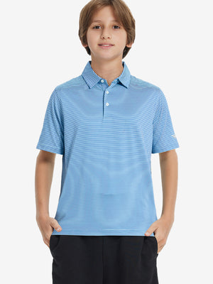 Front half-body shot of youth in aqua stripe performance cooling polo, highlighting design and fit