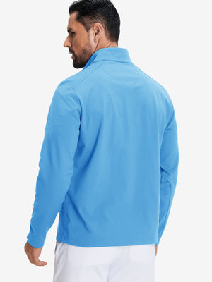 Back upper body view of Fleece lined golf quarter zip with smooth sky blue finish