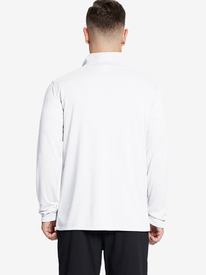 Back waist-up shot of model wearing white moisture wicking quarter zip pullover