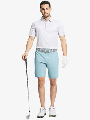 Full body front view of model wearing SKY BLUE 9 Inch Heather Performance Golf Shorts, holding a golf club