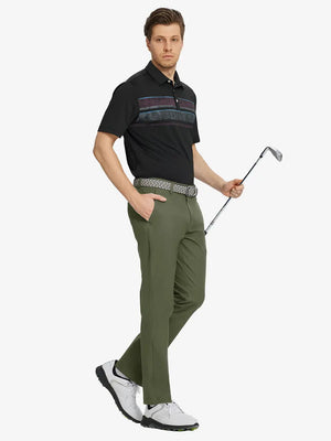 Full body front view of model wearing OLIVE GREEN Water Resistant Everyday Pants, holding a golf club
